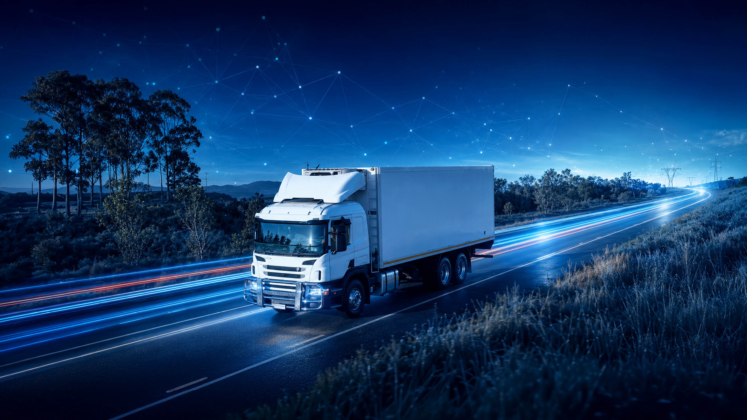 An unbranded white delivery truck on a rural road at dusk, with blue light trails and a network graphic across the sky.