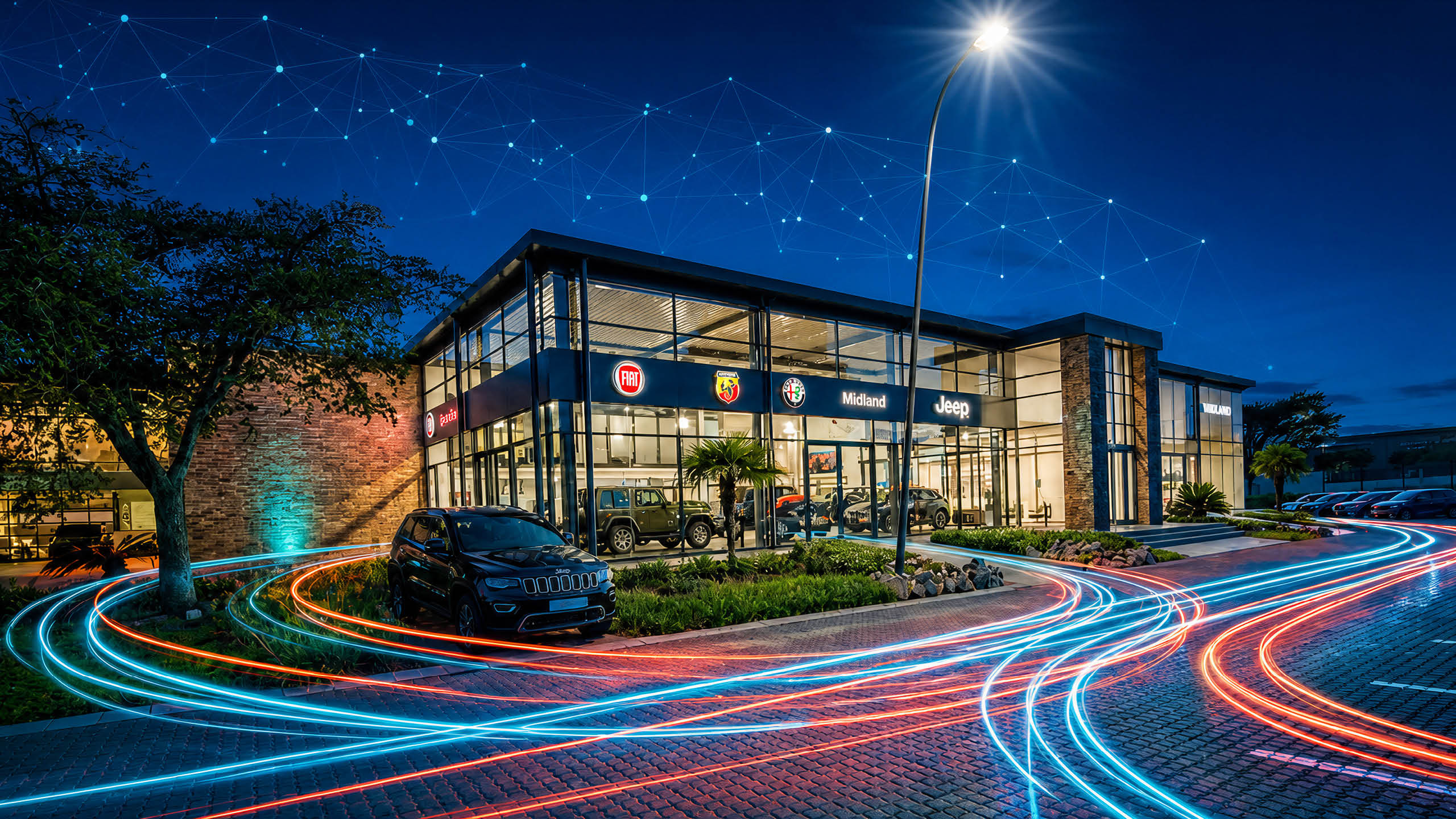 A motor dealership showroom lit at dusk, its fascia carrying the Fiat, Abarth, Alfa Romeo and Jeep marques.