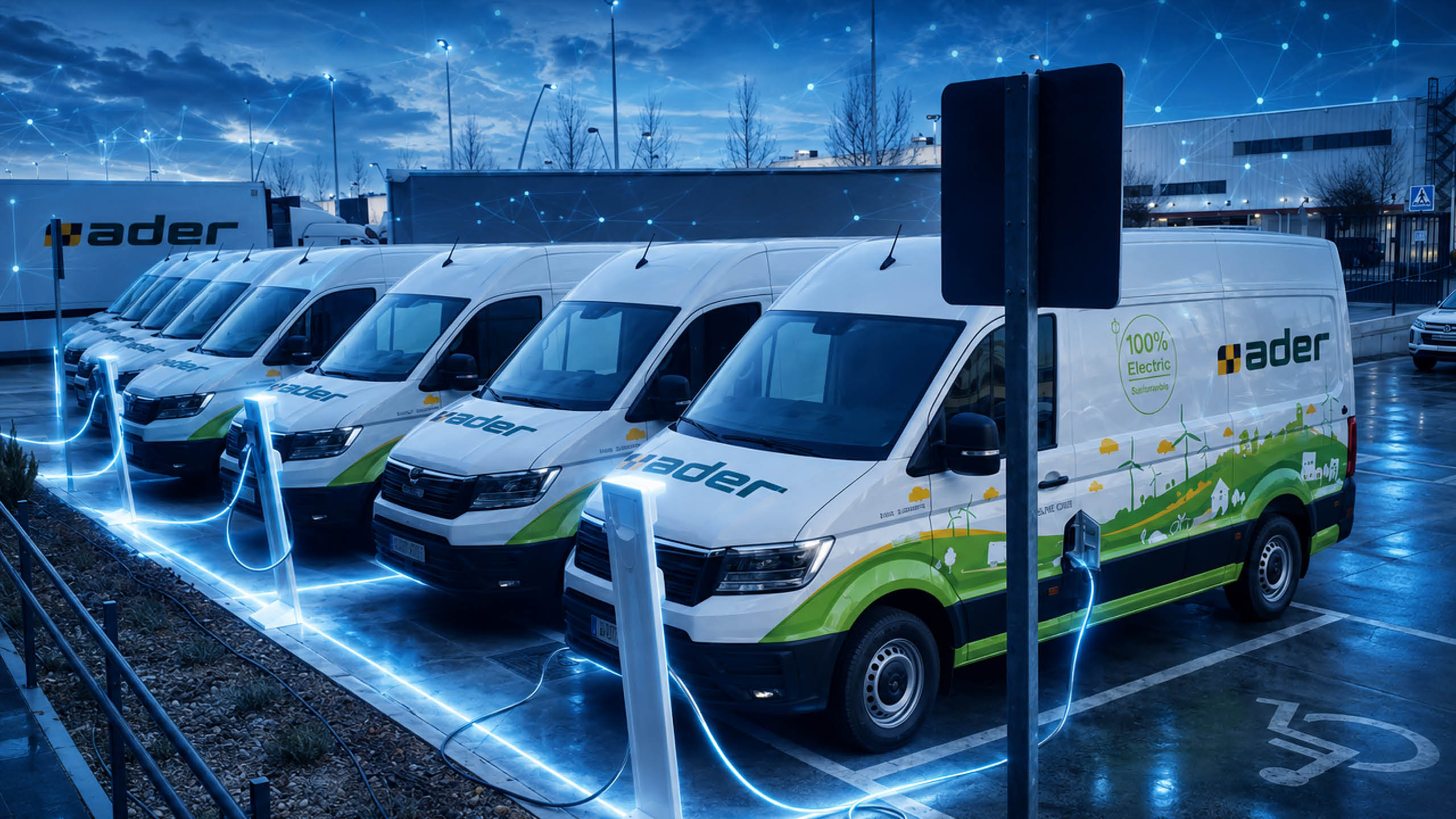 A row of ADER electric delivery vans plugged into charging points, one marked 100% Electric.